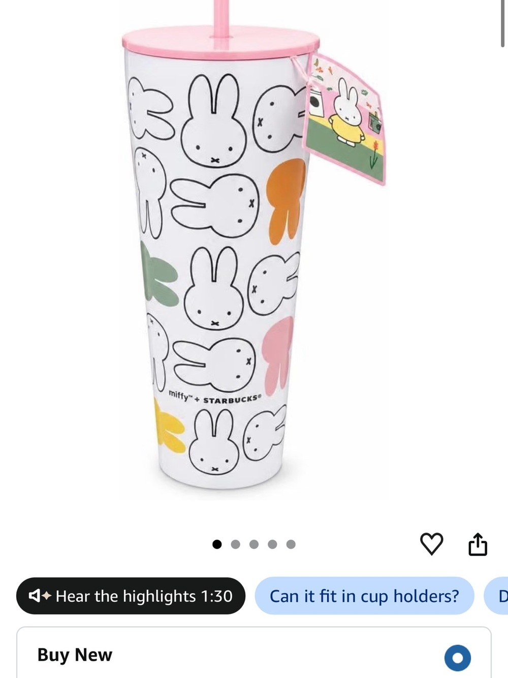 Starbucks x Miffy Pink Stainless Steel Cold Cup - 26 oz - Picture 2 of 6